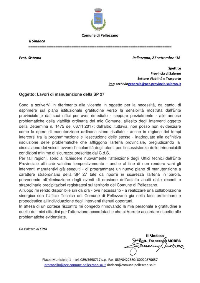 Lettera alla Provincia per la SP27 - Comune di Pellezzano