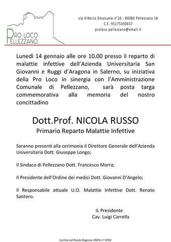 Targa commemorativa alla memoria del Dott. Prof. Nicola Russo