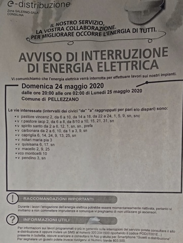 Interruzione energia elettrica in alcune strade di Capriglia 