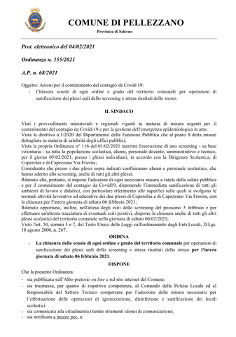 Calendario screening scuole e sospensione attività didattiche per sanificazione  