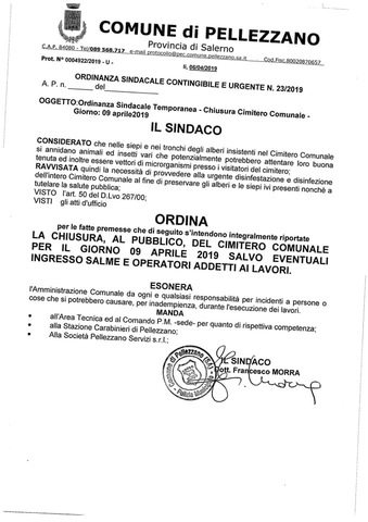 Ordinanza straordinaria di chiusura del Cimitero Comunale