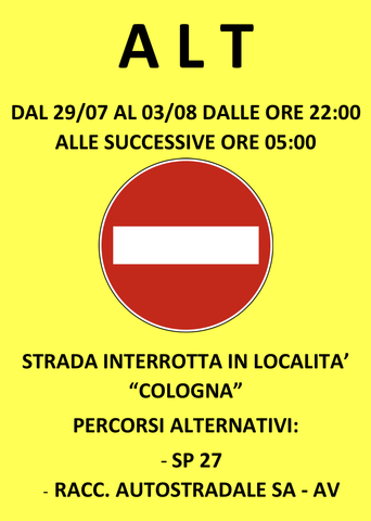 Chiusura SR88 in frazione Cologna (altezza Via Spontumata) dal 29/07 al 03/08 dalle ore 22:00 alle ore 05:00